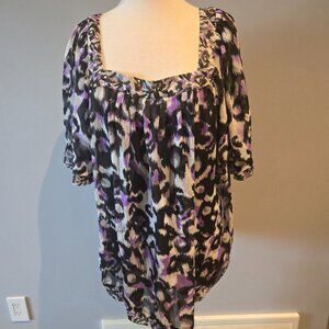 George Plus Abstract Floral Square Neck Blouse | Size 2X | Purple & Black